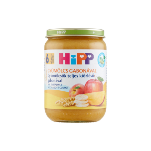 HiPP Gyümölcs Gabonával BIO gyümölcsök teljes kiőrlésű gabonával bébidesszert 6 hónapos kortól 190 g képe
