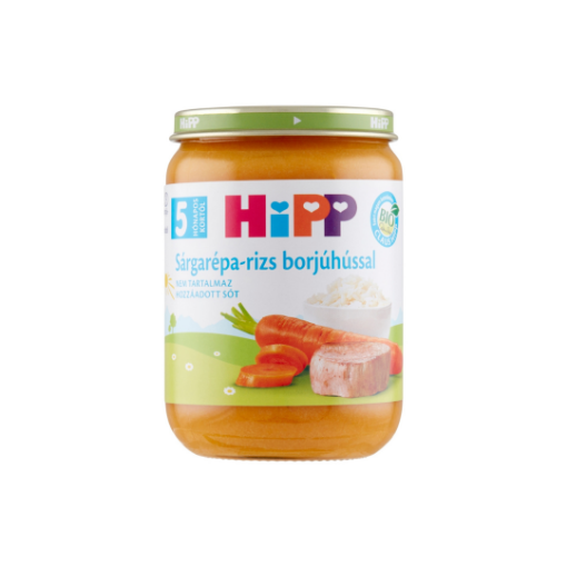 HiPP BIO sárgarépa-rizs borjúhússal bébiétel 5 hónapos kortól 190 g képe