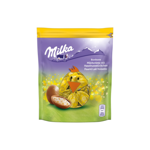 Milka Bonbons Milk Creme alpesi tejcsokoládé tejes krémtöltelékkel és mogyoródarabokkal 86 g képe