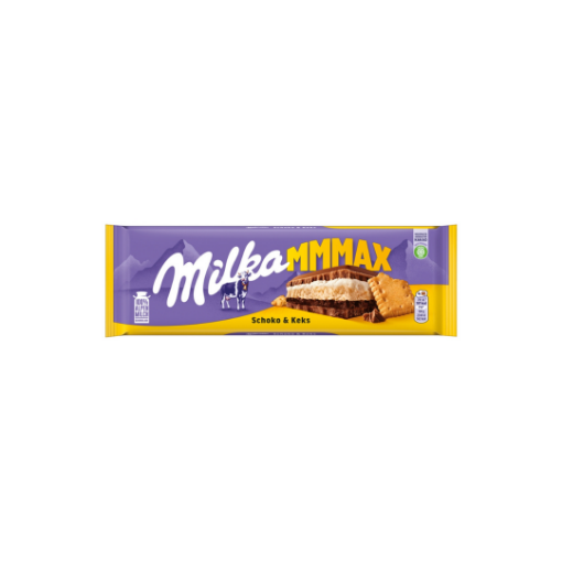 Milka Mmmax alpesi tejcsokoládé kakaós-tejes krémtöltelékkel és keksszel töltve 300 g képe